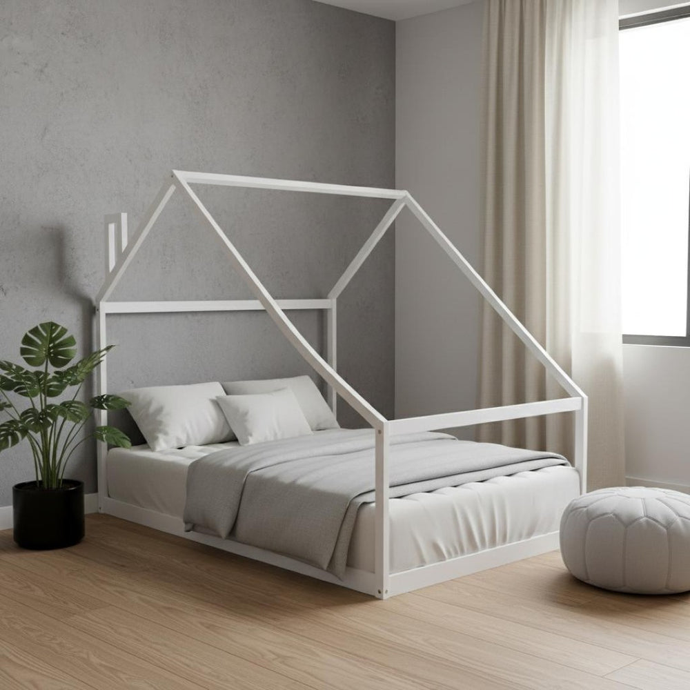 HomeRoots White Wood Twin House Bed Frame for Kids – Modern, Durable Design with Cozy Playful Touch, 300 lbs Capacity 590615