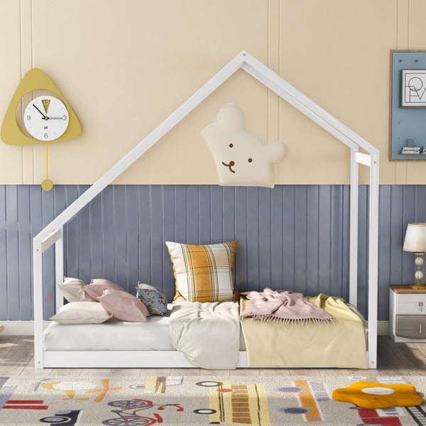 HomeRoots White Wood Twin House Bed Frame for Kids – Modern, Durable Design with Cozy Playful Touch, 300 lbs Capacity 590615