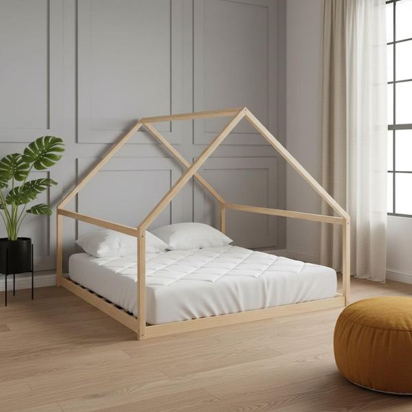 HomeRoots Natural Wood Full House Bed Frame – Modern Design, Durable Construction, Perfect for Cozy Bedrooms 590617