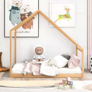 HomeRoots Natural Wood Full House Bed Frame – Modern Design, Durable Construction, Perfect for Cozy Bedrooms 590617