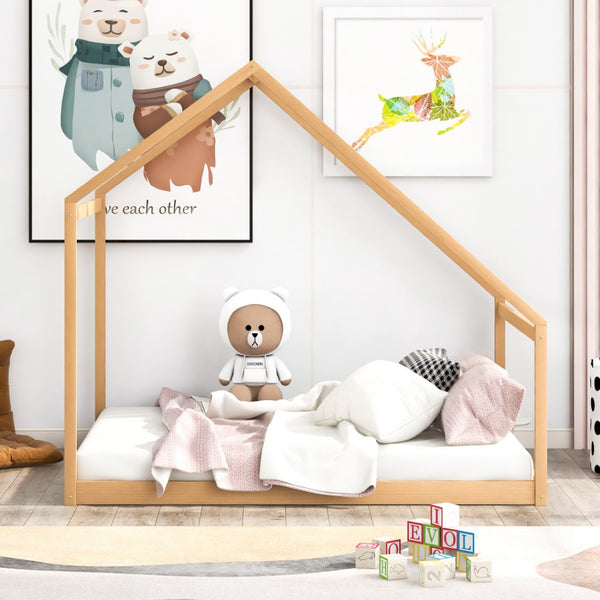 HomeRoots Natural Wood Full House Bed Frame – Modern Design, Durable Construction, Perfect for Cozy Bedrooms 590617