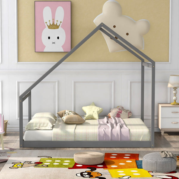 HomeRoots Gray Wood Full House Bed – Modern Design, Sturdy Frame, and Stylish Support for Every Bedroom Decor 590619