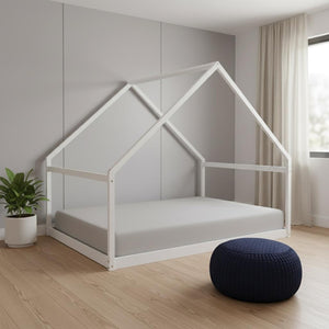 HomeRoots White Wood Full House Bed – Modern Sturdy Frame for Serene Bedrooms, Supports Up to 300 lbs, No Box Spring 590621