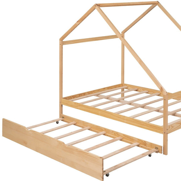 HomeRoots Natural Wood Full House Bed with Trundle - Stylish, Durable Design for Cozy Bedrooms & Sleepovers! 590623