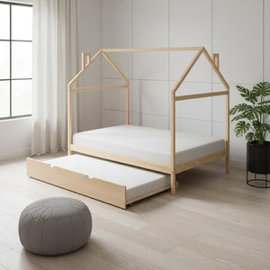 HomeRoots Natural Wood Full House Bed with Trundle - Stylish, Durable Design for Cozy Bedrooms & Sleepovers! 590623