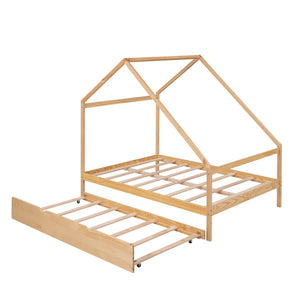 HomeRoots Natural Wood Full House Bed with Trundle - Stylish, Durable Design for Cozy Bedrooms & Sleepovers! 590623