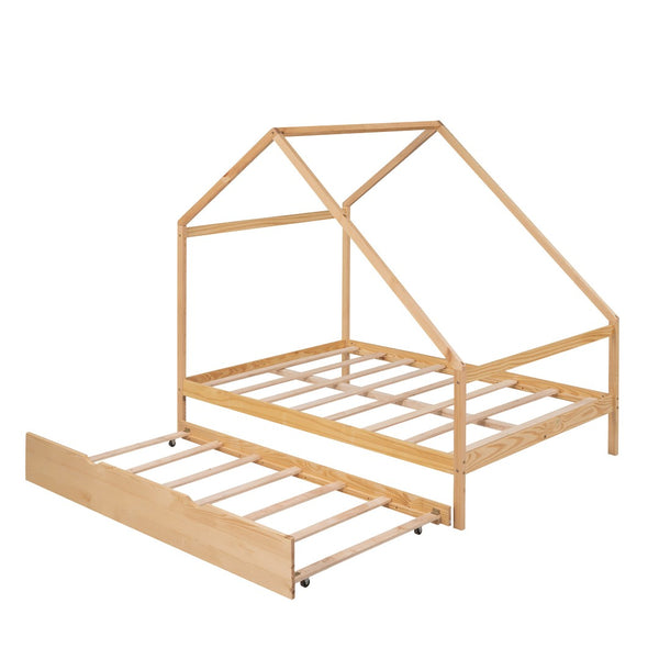 HomeRoots Natural Wood Full House Bed with Trundle - Stylish, Durable Design for Cozy Bedrooms & Sleepovers! 590623
