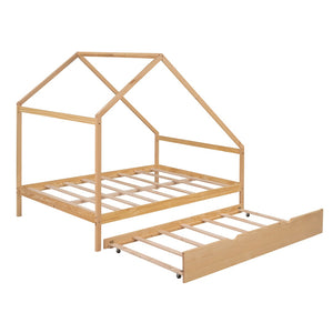 HomeRoots Natural Wood Full House Bed with Trundle - Stylish, Durable Design for Cozy Bedrooms & Sleepovers! 590623