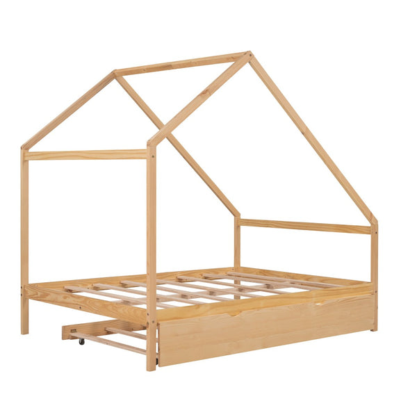 HomeRoots Natural Wood Full House Bed with Trundle - Stylish, Durable Design for Cozy Bedrooms & Sleepovers! 590623