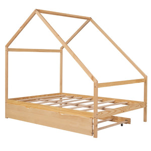 HomeRoots Natural Wood Full House Bed with Trundle - Stylish, Durable Design for Cozy Bedrooms & Sleepovers! 590623