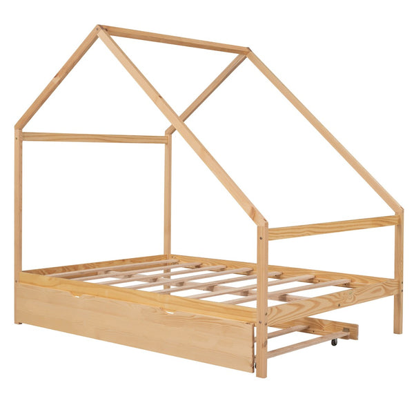HomeRoots Natural Wood Full House Bed with Trundle - Stylish, Durable Design for Cozy Bedrooms & Sleepovers! 590623