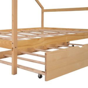 HomeRoots Natural Wood Full House Bed with Trundle - Stylish, Durable Design for Cozy Bedrooms & Sleepovers! 590623