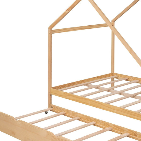 HomeRoots Natural Wood Full House Bed with Trundle - Stylish, Durable Design for Cozy Bedrooms & Sleepovers! 590623