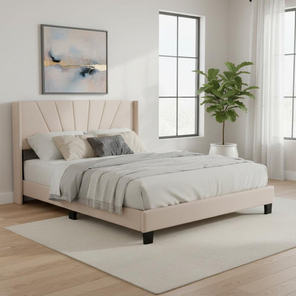 HomeRoots Beige Tufted Upholstered Queen Bed Frame - Elegant Design with Sturdy Platform Support & Modern Style 590625