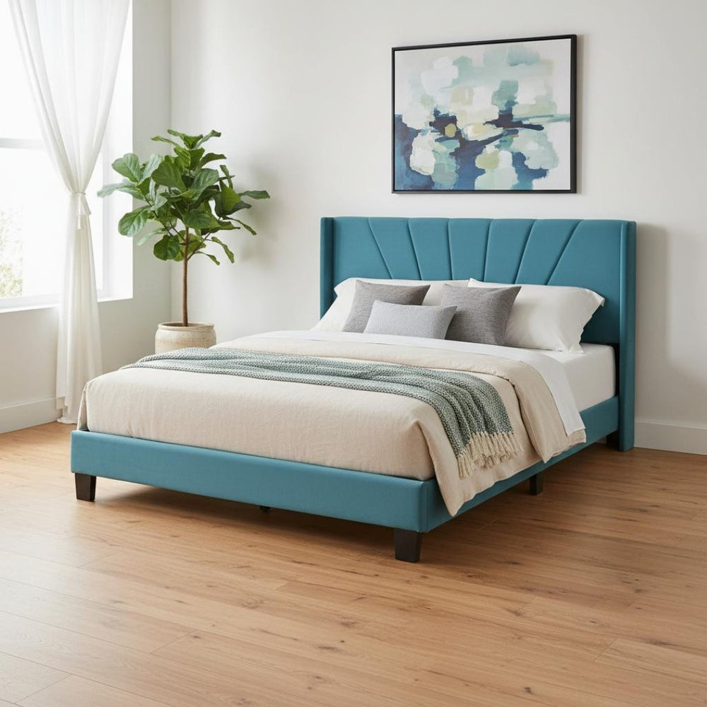 HomeRoots Blue Tufted Upholstered Queen Bed Frame – Elegant Design, Plush Comfort, and Sturdy Support for Your Bedroom 590627