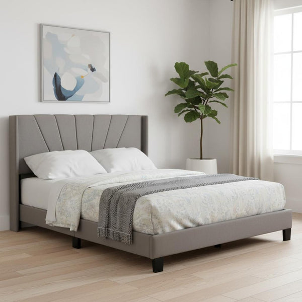 HomeRoots Gray Tufted Upholstered Queen Bed Frame – Elegant Modern Design with Supportive Platform and Slats 590629
