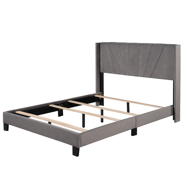HomeRoots Gray Tufted Upholstered Queen Bed Frame – Elegant Modern Design with Supportive Platform and Slats 590629