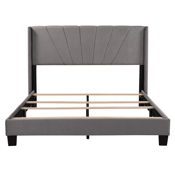 HomeRoots Gray Tufted Upholstered Queen Bed Frame – Elegant Modern Design with Supportive Platform and Slats 590629