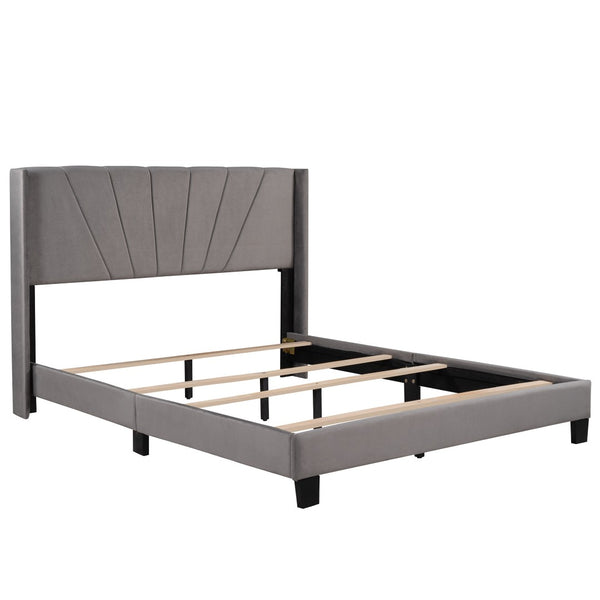 HomeRoots Gray Tufted Upholstered Queen Bed Frame – Elegant Modern Design with Supportive Platform and Slats 590629