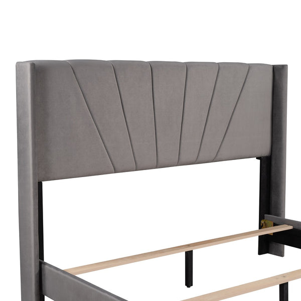 HomeRoots Gray Tufted Upholstered Queen Bed Frame – Elegant Modern Design with Supportive Platform and Slats 590629