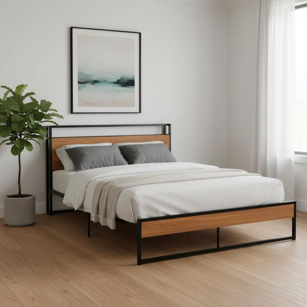 HomeRoots Black Metal Queen Bed Frame with USB Charging Port - Modern, Sturdy Design, No Box Spring Needed! 590635