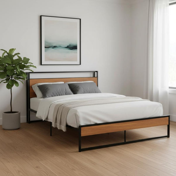 HomeRoots Black Metal Queen Bed Frame with USB Charging Port - Modern, Sturdy Design, No Box Spring Needed! 590635