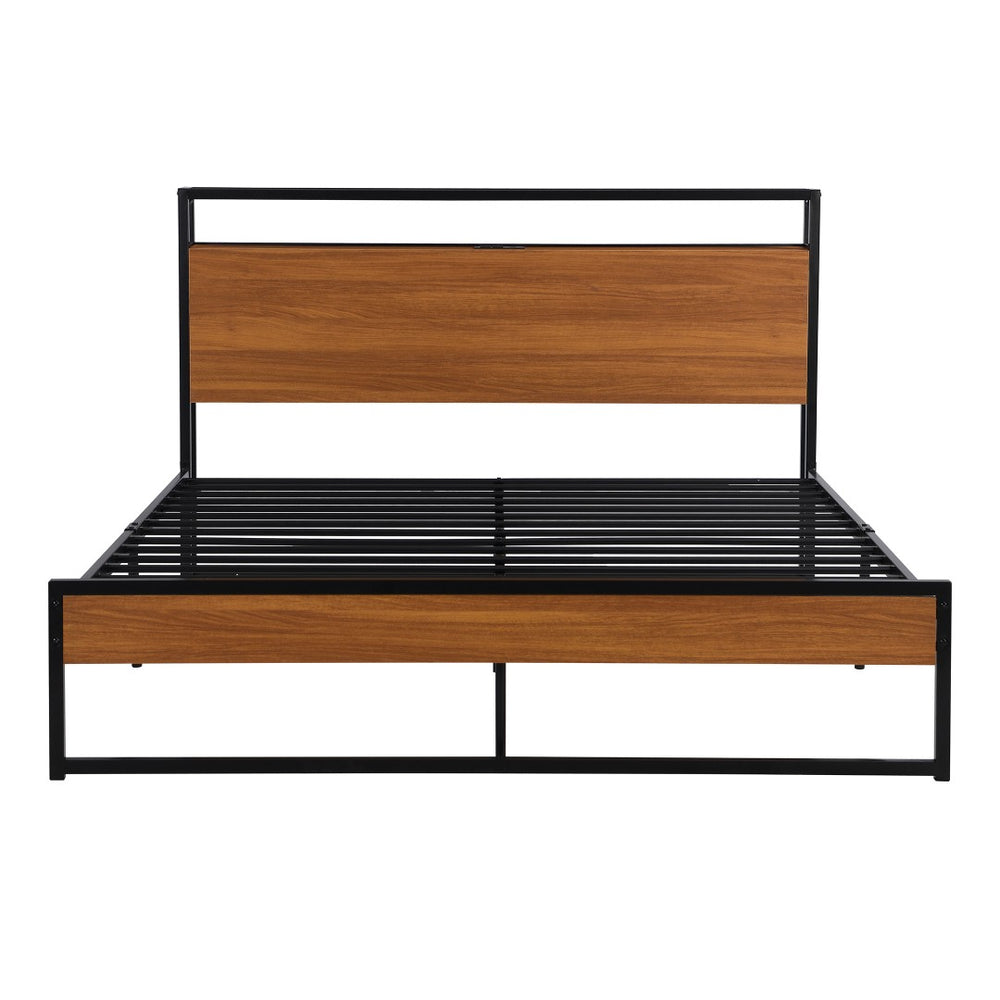 HomeRoots Black Metal Queen Bed Frame with USB Charging Port - Modern, Sturdy Design, No Box Spring Needed! 590635