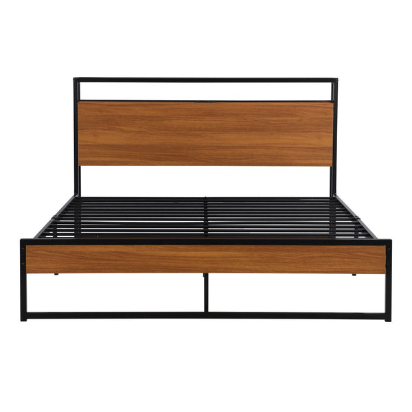 HomeRoots Black Metal Queen Bed Frame with USB Charging Port - Modern, Sturdy Design, No Box Spring Needed! 590635