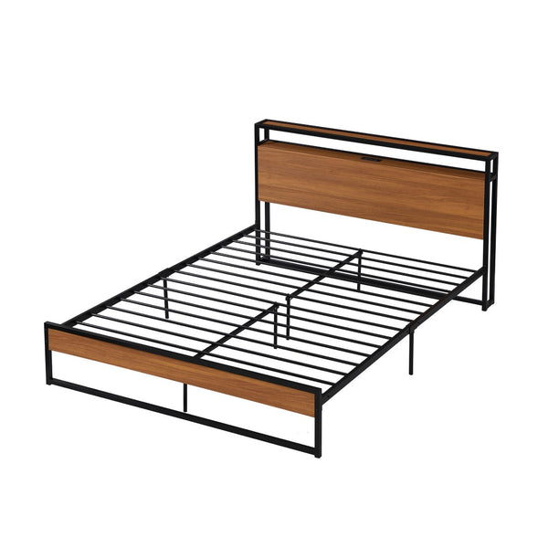 HomeRoots Black Metal Queen Bed Frame with USB Charging Port - Modern, Sturdy Design, No Box Spring Needed! 590635