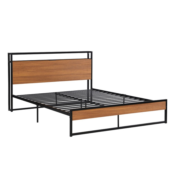 HomeRoots Black Metal Queen Bed Frame with USB Charging Port - Modern, Sturdy Design, No Box Spring Needed! 590635