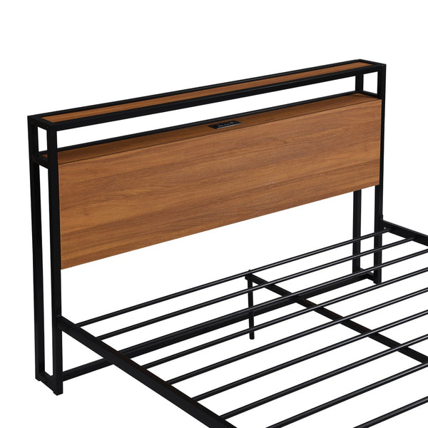 HomeRoots Black Metal Queen Bed Frame with USB Charging Port - Modern, Sturdy Design, No Box Spring Needed! 590635