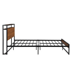 HomeRoots Black Metal Queen Bed Frame with USB Charging Port - Modern, Sturdy Design, No Box Spring Needed! 590635