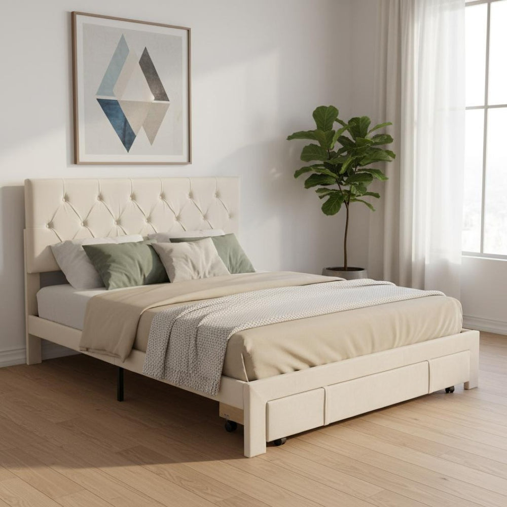 HomeRoots Beige Tufted Velvet Queen Bed Frame with Storage Drawer - Elegant Design for a Cozy Bedroom Retreat 590637