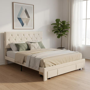 HomeRoots Beige Tufted Velvet Queen Bed Frame with Storage Drawer - Elegant Design for a Cozy Bedroom Retreat 590637