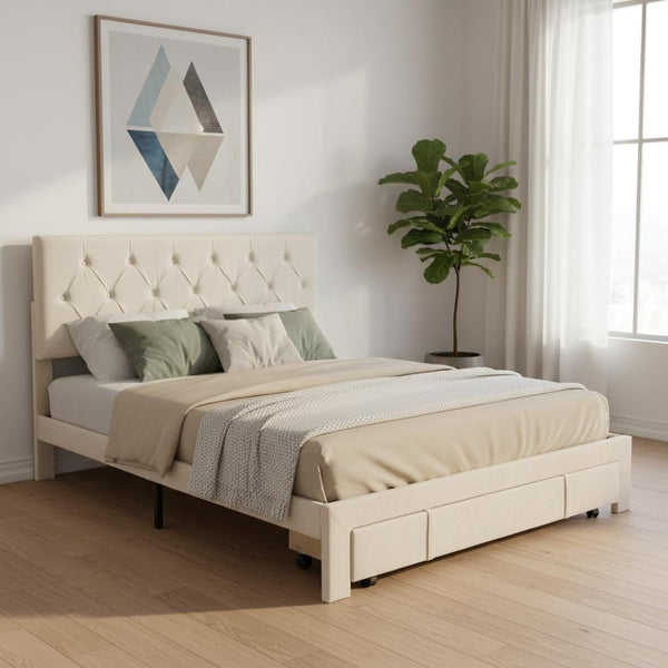 HomeRoots Beige Tufted Velvet Queen Bed Frame with Storage Drawer - Elegant Design for a Cozy Bedroom Retreat 590637