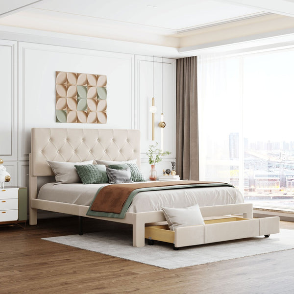 HomeRoots Beige Tufted Velvet Queen Bed Frame with Storage Drawer - Elegant Design for a Cozy Bedroom Retreat 590637