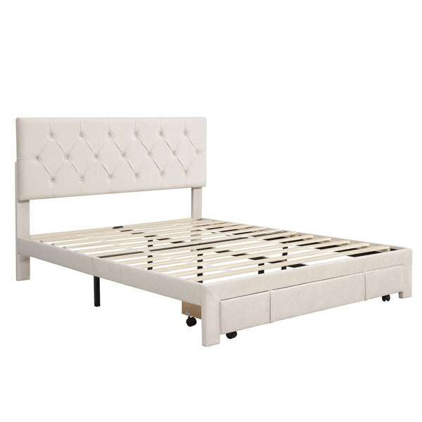HomeRoots Beige Tufted Velvet Queen Bed Frame with Storage Drawer - Elegant Design for a Cozy Bedroom Retreat 590637