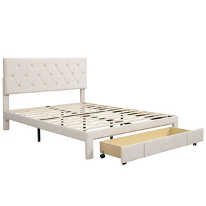 HomeRoots Beige Tufted Velvet Queen Bed Frame with Storage Drawer - Elegant Design for a Cozy Bedroom Retreat 590637