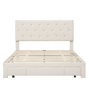 HomeRoots Beige Tufted Velvet Queen Bed Frame with Storage Drawer - Elegant Design for a Cozy Bedroom Retreat 590637