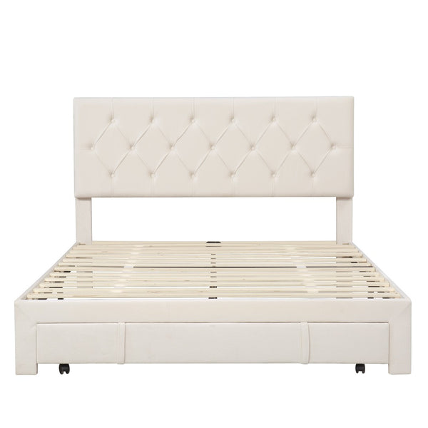 HomeRoots Beige Tufted Velvet Queen Bed Frame with Storage Drawer - Elegant Design for a Cozy Bedroom Retreat 590637