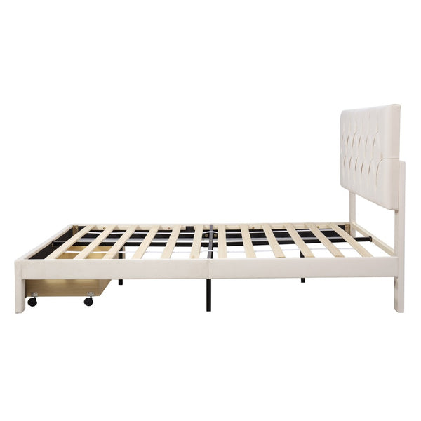 HomeRoots Beige Tufted Velvet Queen Bed Frame with Storage Drawer - Elegant Design for a Cozy Bedroom Retreat 590637