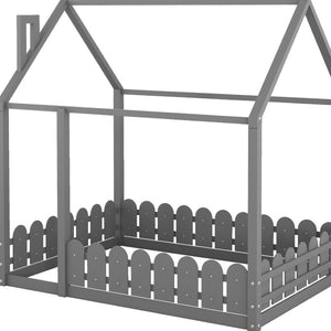 HomeRoots Gray Wood Full House Bed - Modern Platform Frame with Sturdy Slat Support for Cozy Bedroom Retreat 590641