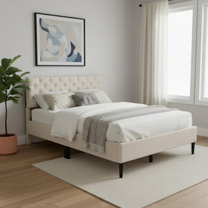 HomeRoots Beige Tufted Linen Full Bed Frame - Modern Platform Design with Padded Headboard for Ultimate Comfort 590645