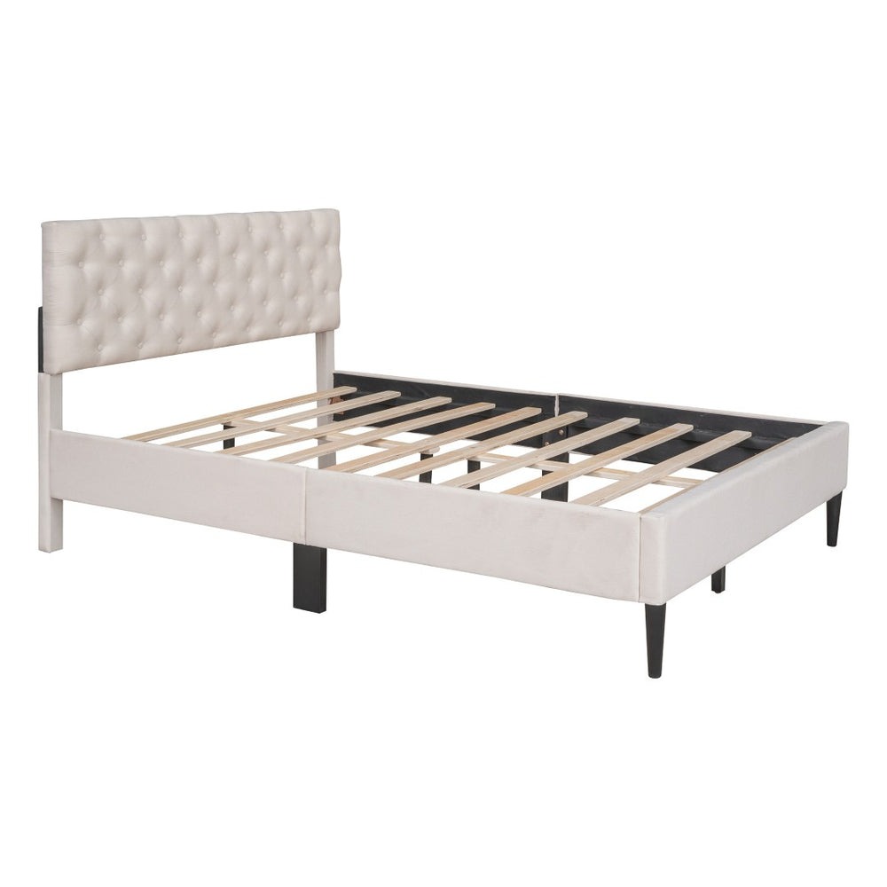 HomeRoots Beige Tufted Linen Full Bed Frame - Modern Platform Design with Padded Headboard for Ultimate Comfort 590645