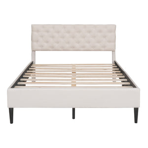 HomeRoots Beige Tufted Linen Full Bed Frame - Modern Platform Design with Padded Headboard for Ultimate Comfort 590645
