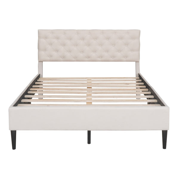 HomeRoots Beige Tufted Linen Full Bed Frame - Modern Platform Design with Padded Headboard for Ultimate Comfort 590645
