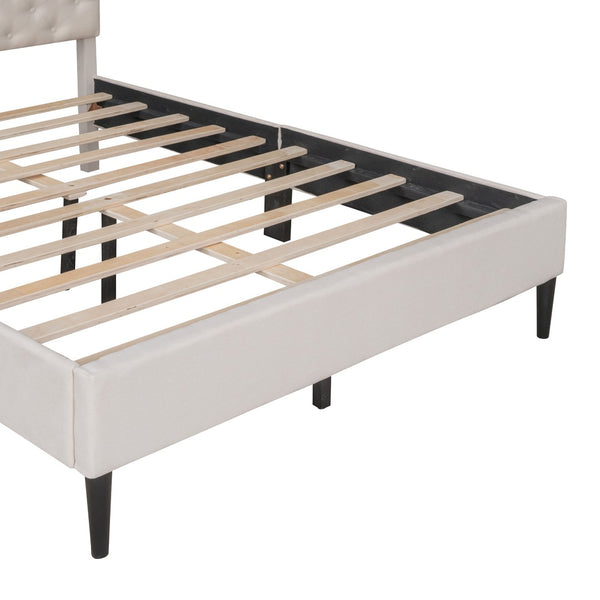 HomeRoots Beige Tufted Linen Full Bed Frame - Modern Platform Design with Padded Headboard for Ultimate Comfort 590645