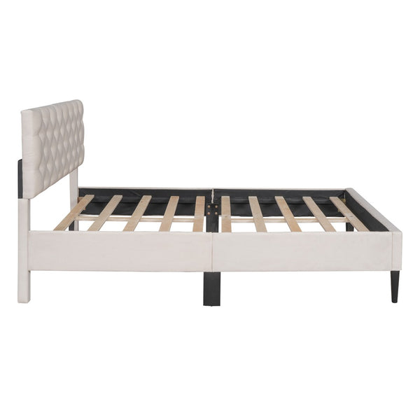 HomeRoots Beige Tufted Linen Full Bed Frame - Modern Platform Design with Padded Headboard for Ultimate Comfort 590645