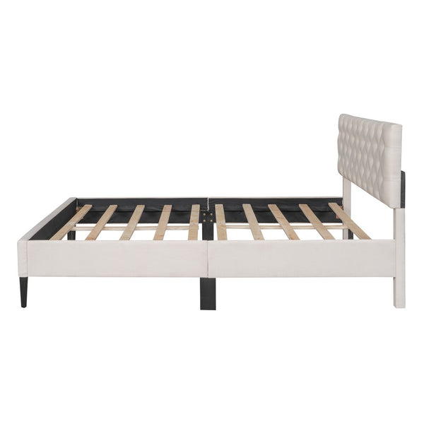 HomeRoots Beige Tufted Linen Queen Bed Frame – Elegant Modern Design with Durable Support & Cozy Comfort 590647