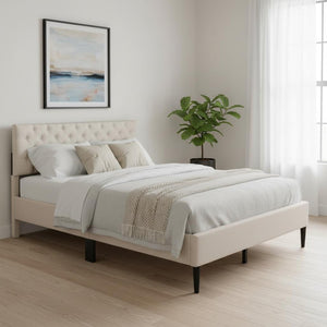 HomeRoots Beige Tufted Linen Queen Bed Frame – Elegant Modern Design with Durable Support & Cozy Comfort 590647